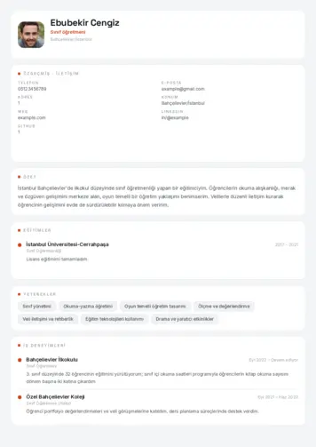 Sınıf Öğretmeni Cv Örnekleri cv indir